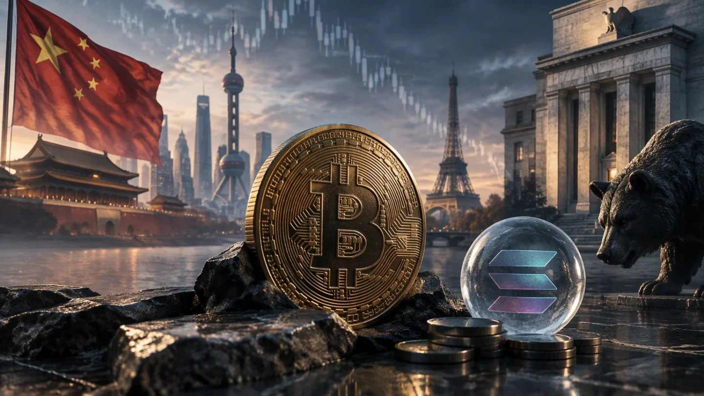A gold bitcoin coin on dark rock beside a glass sphere holding the Solana mark and a bronze bear, with China's flag, Shanghai's skyline, the Eiffel Tower and a columned central-bank building under a falling chart