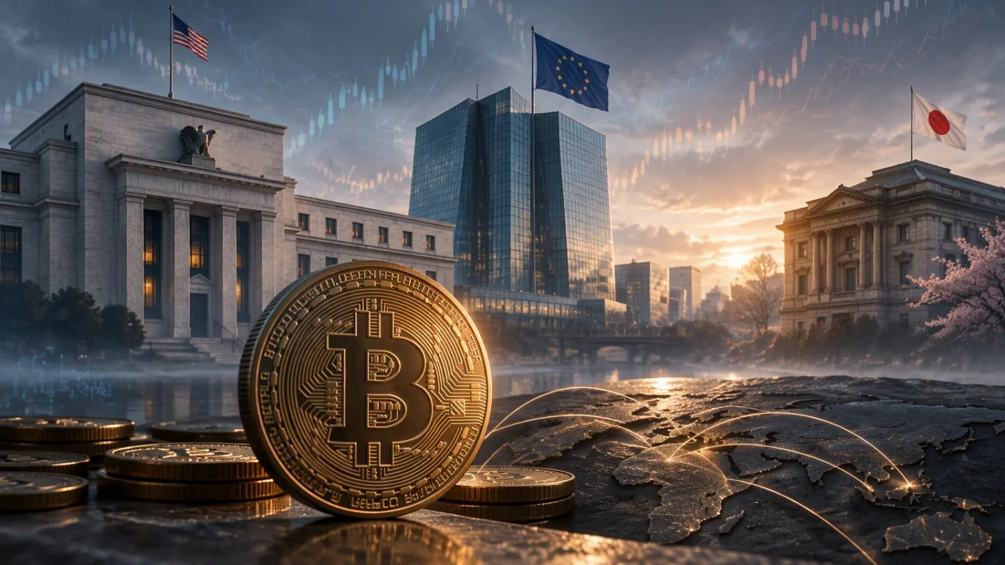 Editorial illustration for the bitcoin week ahead: three central-bank buildings in muted charcoal and slate around a single bitcoin coin
