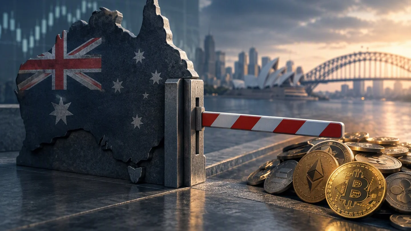 A bank card stopped at a narrow gate in front of a softly glowing exchange screen, over a map of Australia highlighted, in charcoal, slate and blue
