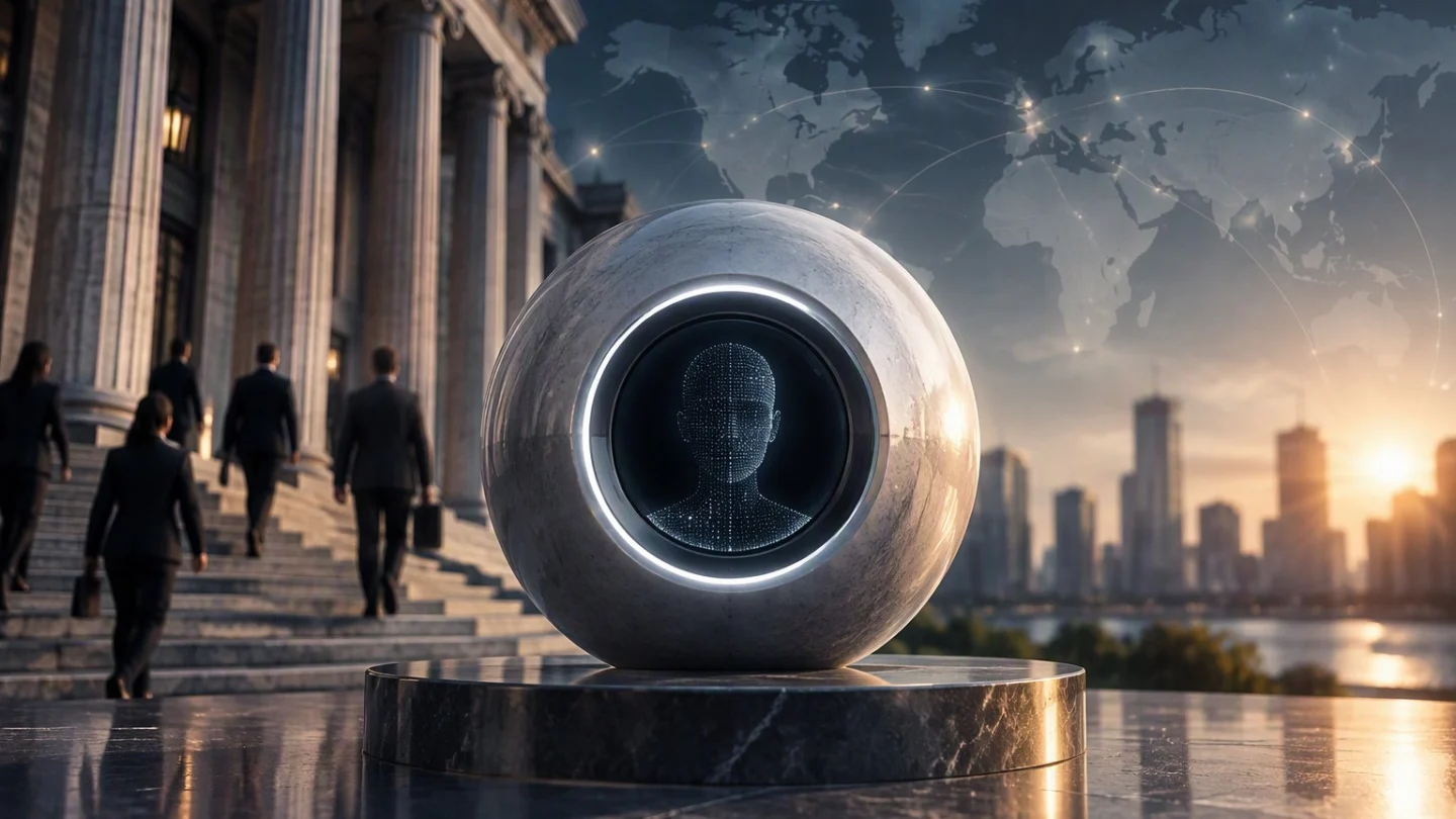 A polished stone sphere with a glowing ring showing a wireframe human head, on a plinth outside a columned bank building as office workers climb the steps, with a world map and city skyline behind