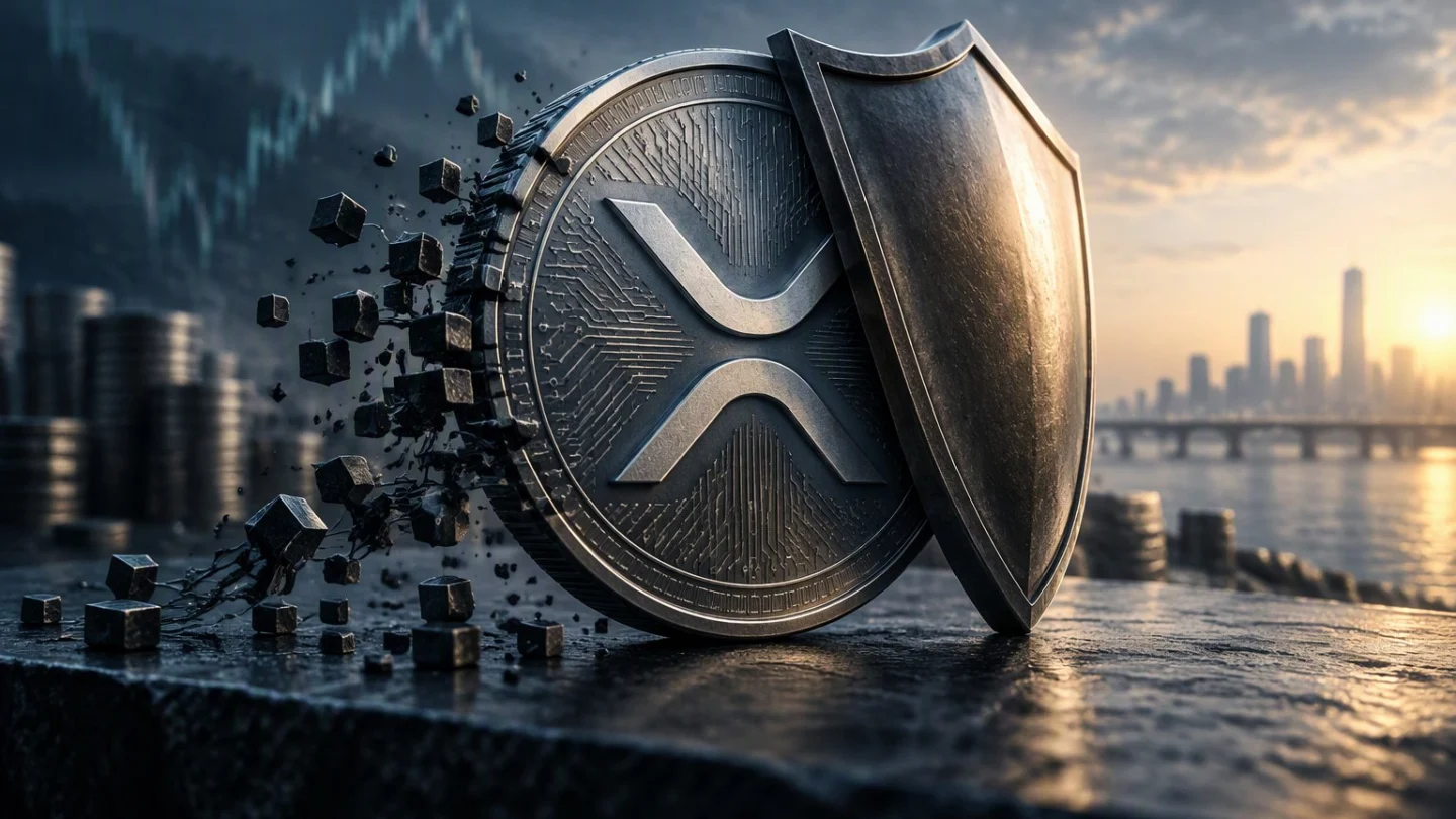 A silver XRP coin shielded by a metal plate while dark blocks break away from its edge, with a faint chart and a harbour skyline behind