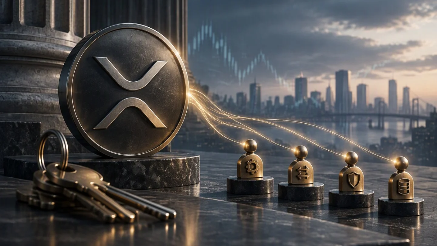 XRP coin on a stone plinth with fine light lines to four small brass delegate tokens, and a set of keys kept to one side