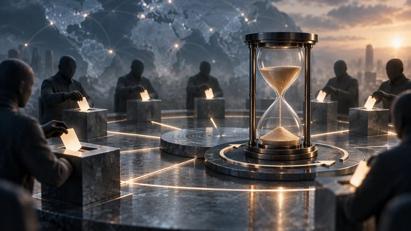 Faceless figures around a circular stone table drop glowing ballots into stone voting boxes linked by light lines, with an hourglass on a reset-arrow dial at the centre and a networked world map behind