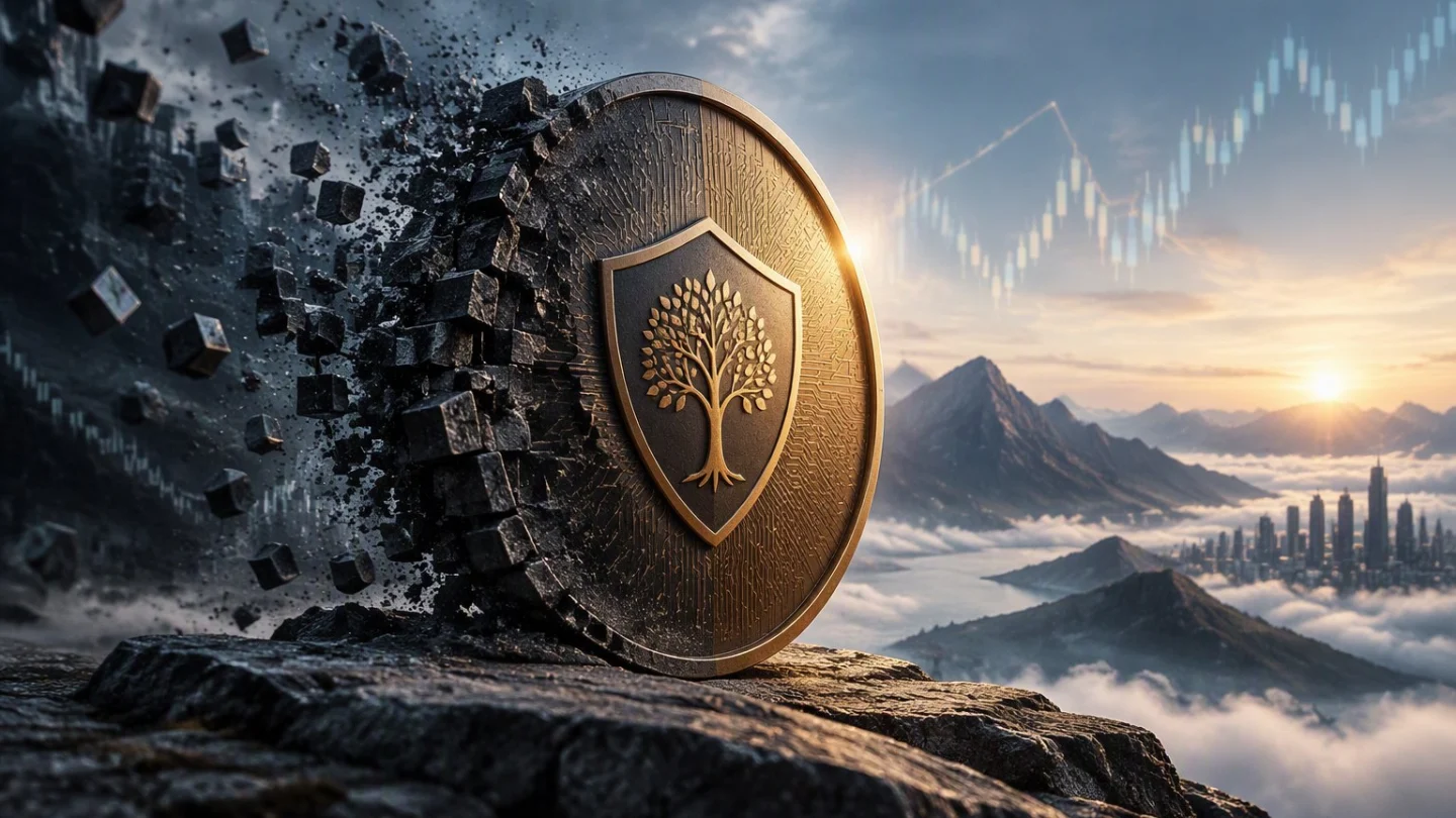 Bronze coin shield with a tree emblem resisting a crumbling wall of dark blocks, mountains behind