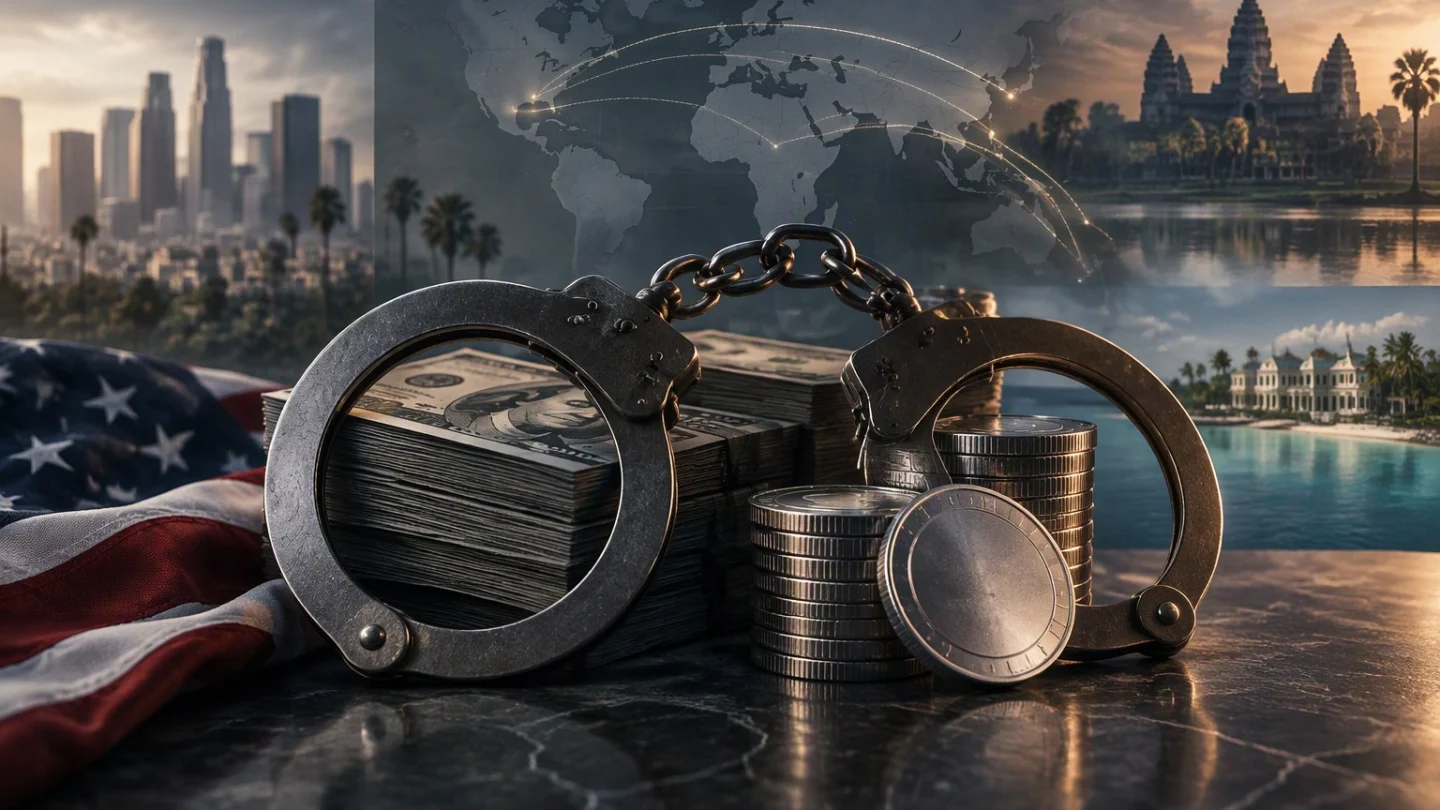 Handcuffs resting on stacks of dollar notes and blank silver coins, with the Los Angeles skyline, a Cambodian temple and a Caribbean shoreline behind, in charcoal, slate and blue